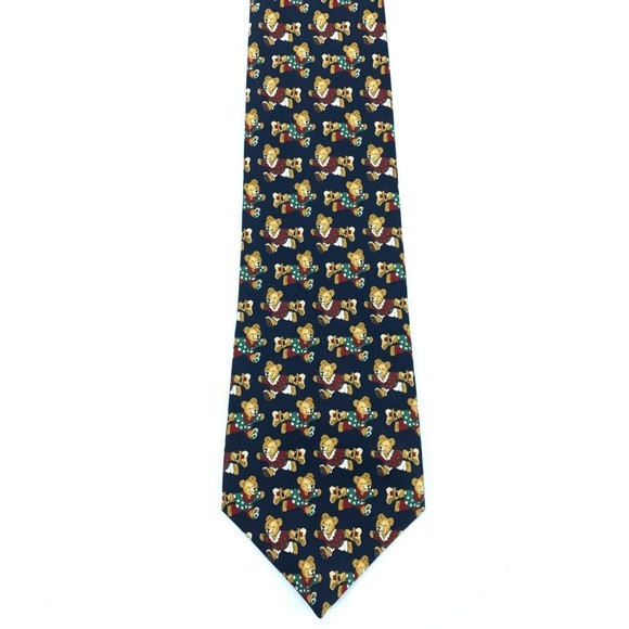 Como Seda Necktie Christmas Bear in Polka Dot Pj's Navy Blue Green Red White Tie - Picture 4 of 9